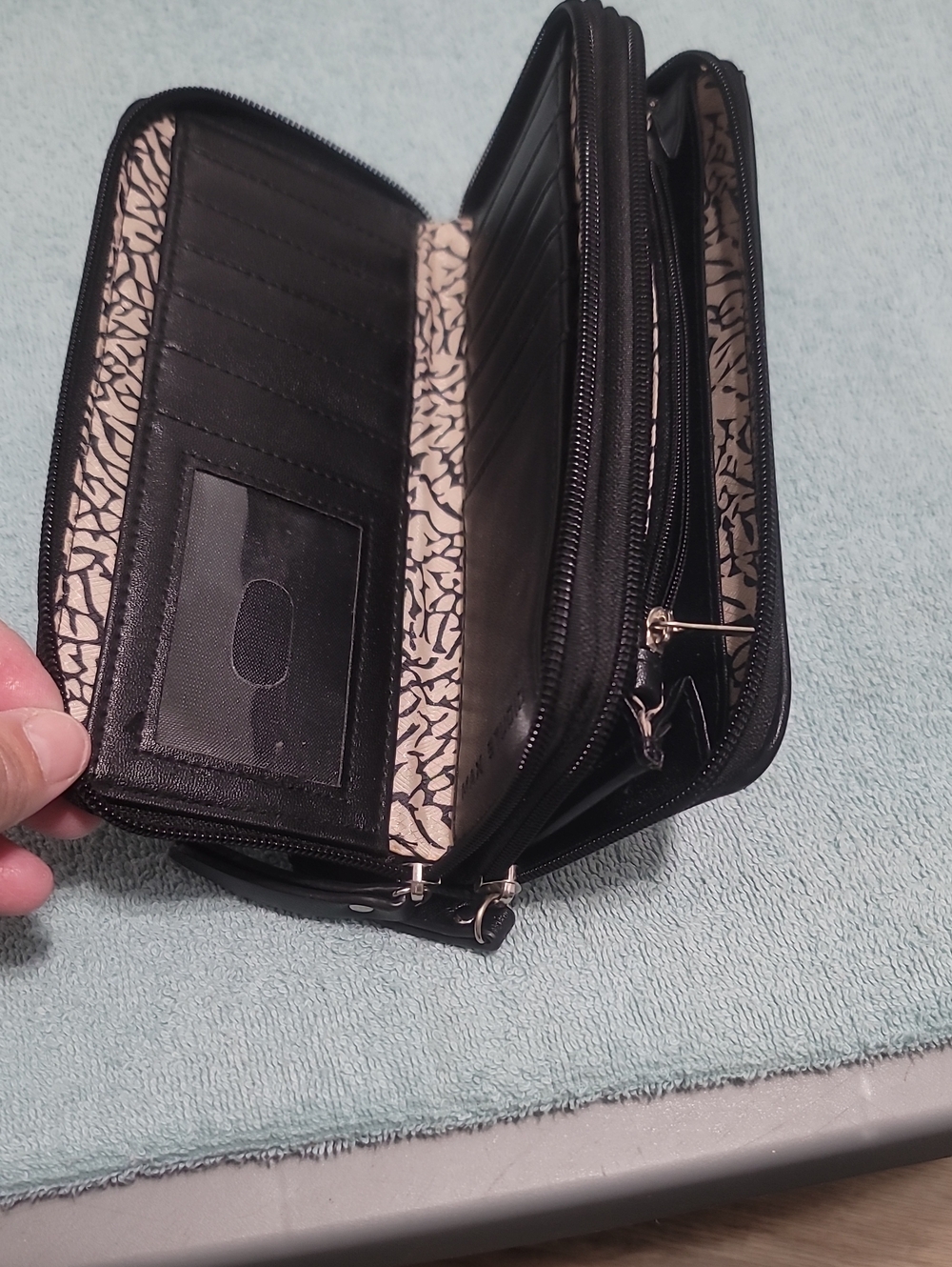 Max Studio Black Zip-Around Wallet with Printed Cream Interior